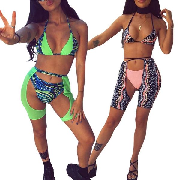 

women's swimwear 2021 three-piece swimsuit halter bikini + high-leg pants leg covers color block style clothing women beachwear, White;black