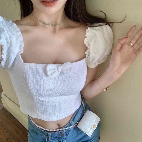 

french bow front and bubble sleeve shirt for sweet girt blouse women's summer design 210529, White