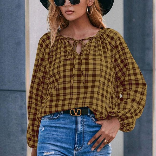 

women's blouses & shirts women long sleeve v-neck blouse 2022 fashion plaid print shirt single loose casual female lace up y, White