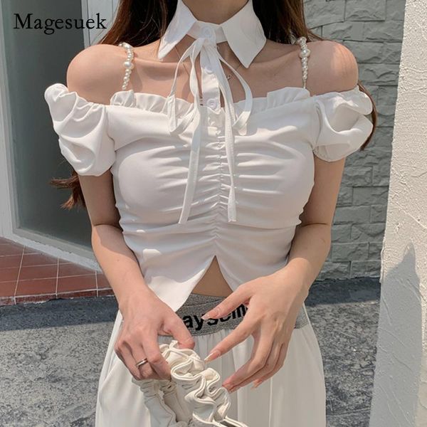 

women's blouses & shirts slash neck short blouse 2021 chic summer office lady women shirt off shoulder solid puff sleeve for blusa, White