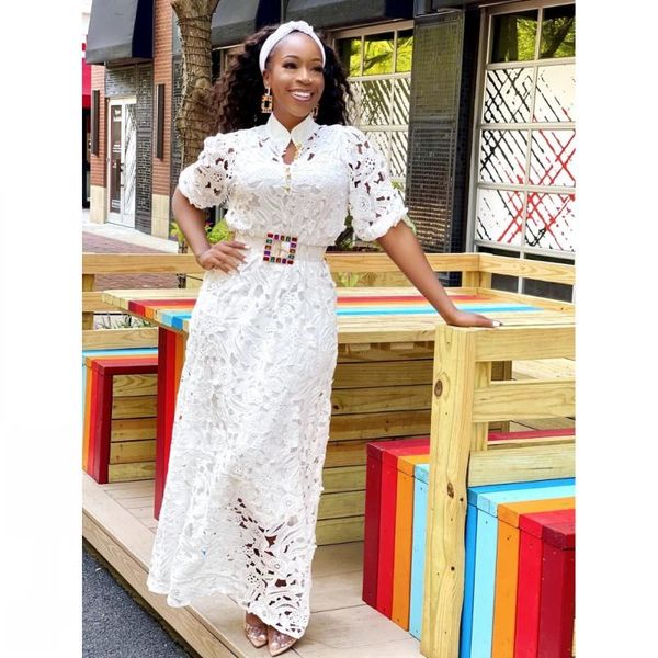 

casual dresses lace women's short-sleeved dress white hollow loose slim long skirt with belt 2021 autumn fashion elegant robe, Black;gray