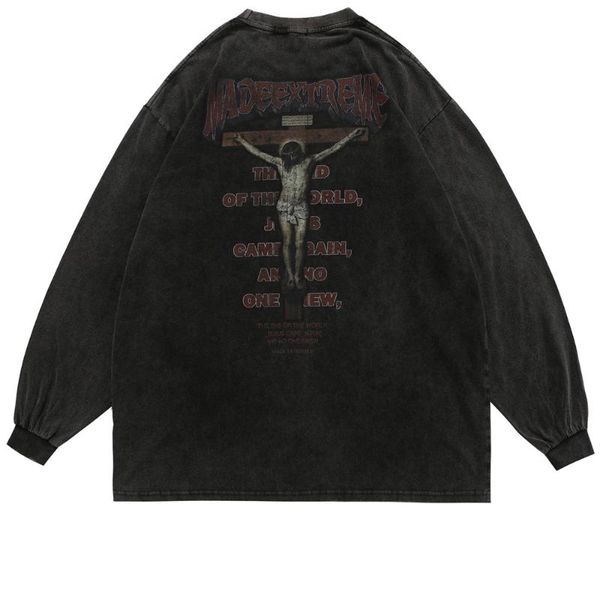 

men's t-shirts cotton men hip hop streetwear ancient culture jesus print distressed sweatshirts oversized tshirt pullover long sleeve, White;black