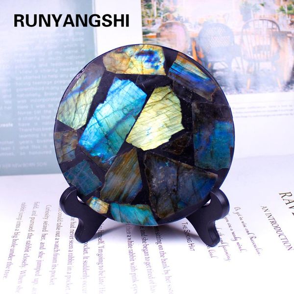 

11-12cm natural crystal labradoriteround slab stone shining labrador feldspar stand healing for home decoration decorative objects & figurin
