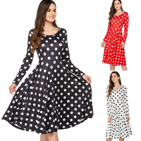 

casual dresses spring autumn elegant lady polka dot chiffon slim dress beach vintage long sleeve women female plus size, Black;gray