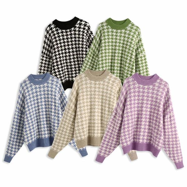 

women knit sweater houndstooth long sleeves round-neck casual pullover sweater femme vetement ropa mujer 210420, White;black