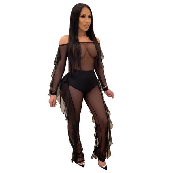 

women's jumpsuits & rompers jumpsuit women ruffle sheer mesh slash neck long sleeve romper with panty lined fashion night club overalls, Black;white