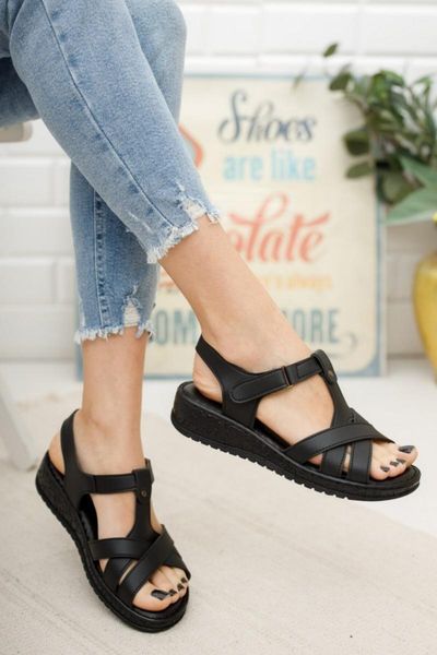 

sandals women's black cross band wrist strappy flat thick bottom