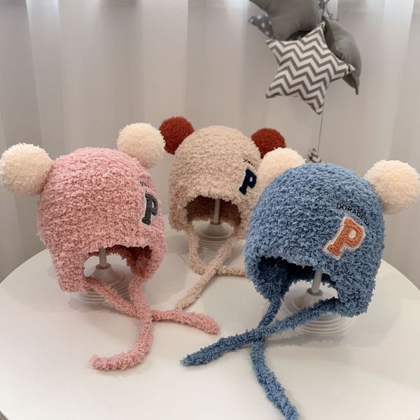 

baby winter hats for girls boys fleece caps infants toddlers ear protection hats cute cartoon hats beanie children kids hat, Blue;gray