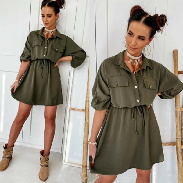 

casual dresses women vintage sashes front button a-line dress long sleeve v neck solid elegant mini 2021 autumn fashion, Black;gray