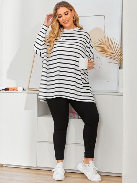 

plus striped print dolman sleeve split hem tee a9yk#, Black