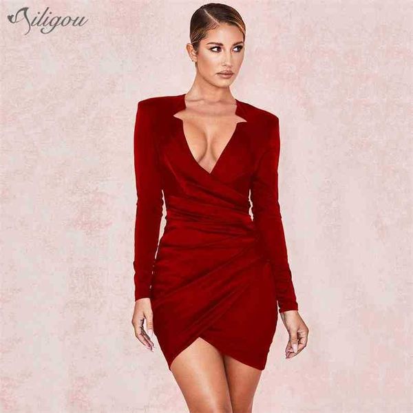 

summer fashion burgundy black deep v neck long sleeve bodycon lady draped mini dress club wear 210525, Black;gray