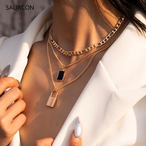 

salircon black rhinestone lock pendant necklace for women kpop multi layer aesthetic link chains necklaces goth choker, Silver