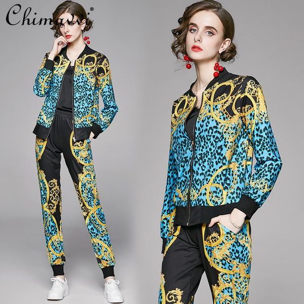 

women's two piece pants trouser suit 2021 printed long sleeve casual jacket coat high waist skinny set lady and, White