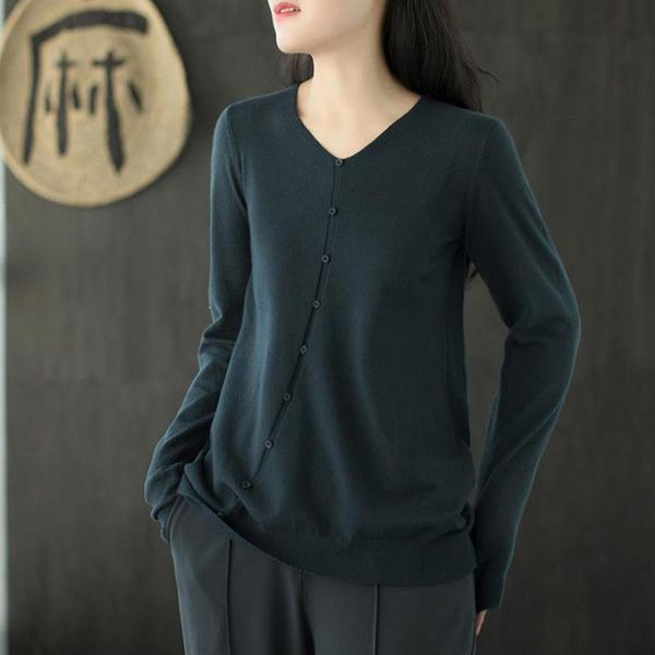 

johnature fashion all-match v-neck button long sleeve knitted sweater autumn simple comfortable women 5 color knitwear 210521, White;black