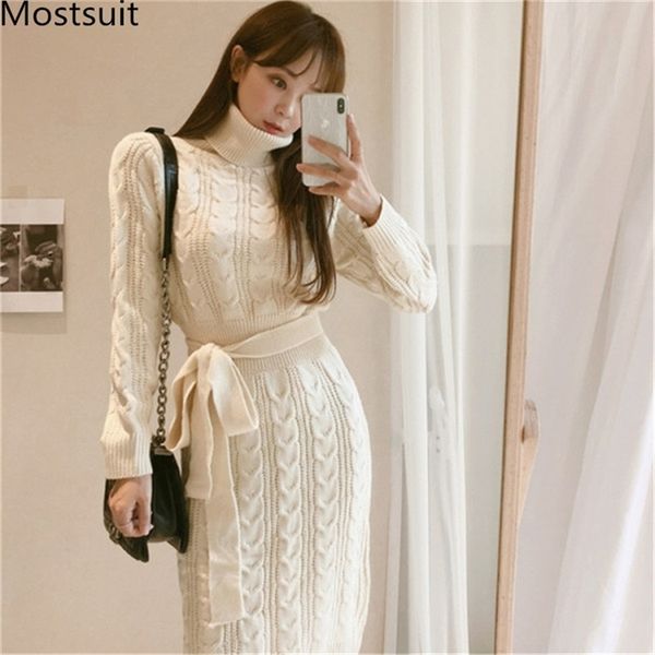 Winter verdicken warme koreanische Pullover Kleid Frauen Langarm Rollkragen verdreht gestrickte Spitze-up Gürtel gerade Kleider Vestidos 210513