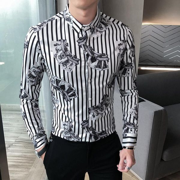 

men's 2021 striped shirts poker print long sleeve chemise homme casual men clothing slim fit blouse korean streetwear, White;black