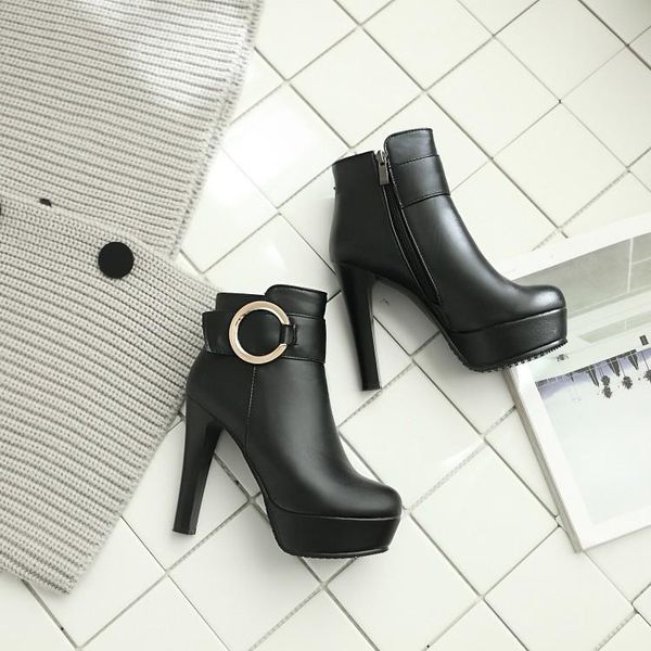 

boots oversized women shoes ankle for ladies woman winter side zipper metal belt buckle, Black