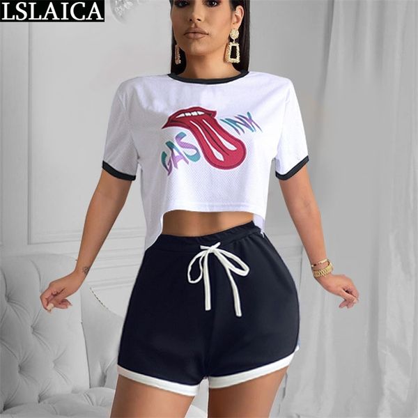

womens two piece sets short sleeve tongue print &short pants lace up drawstring 2 women slim casual 2 210515, White