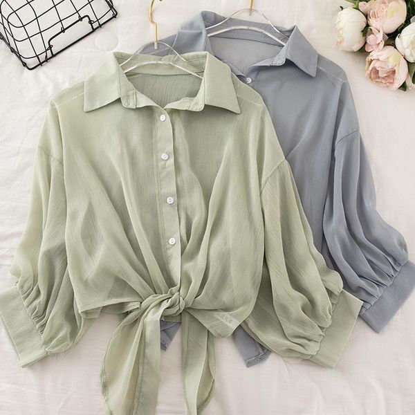 

women summer lantern sleeve front bandage strap basic chiffon ruffles shirt elegant lady cardigan button slim blouse, White
