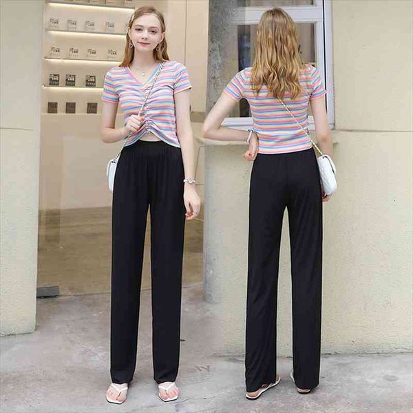 

slacks women loose pants summer soft ice silk ankle length solid wide leg pink grey women high waisted trousers, Black;white