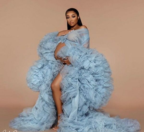 Vestidos de noite fofos de noiva roupões de maternidade feitos sob medida vestido azul céu feminino vestido longo de tule sessão de fotos praia festa de aniversário robe de ensaio fotográfico