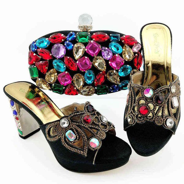 

special price for wearing solid color small shoes bag, rhinestone bag with thick heel sandal fashion sandals, Black
