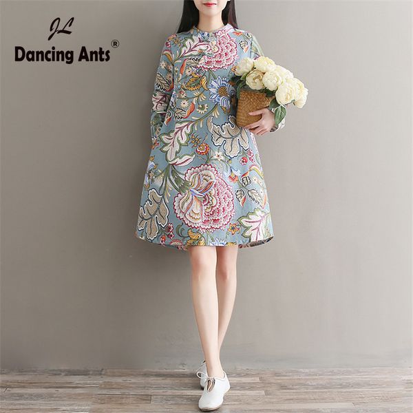 

woman dress a-line loose dress vintage chinese style flower printed dresses long sleeve mandarin collar button vestidos, Black;gray