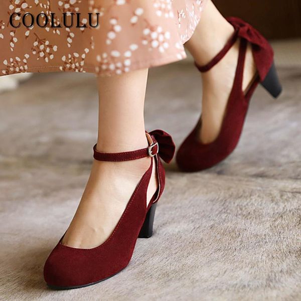 

dress shoes coolulu 2021 spring women ankle strap high heels bow spike heel pumps buckle footwear ladies beige big size 48, Black