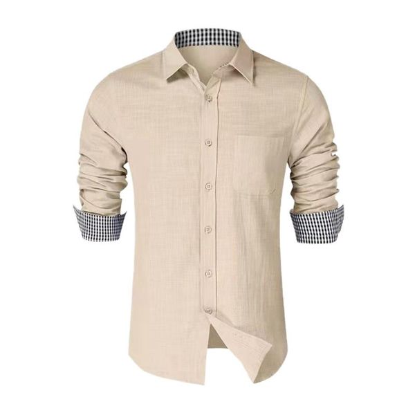 

men's casual shirts autumn cotton turn-down collar solid color shirt plaid linen long-sleeved clothes, White;black