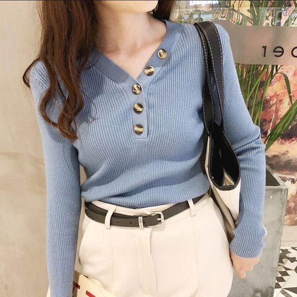 

women's sweaters sweater button v-neck spring autumn solid knitted pullover women slim soft jumper, White;black