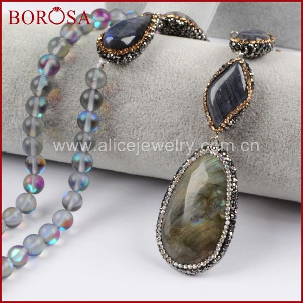 

pendant necklaces borosa druzy geometric labradorite stone & natural quartz beads rhinestone paved zircon necklace for women gems jab788, Silver