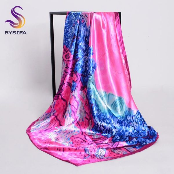 

scarves [bysifa] dark pink silk scarf shawl sunrise design square fashion head 90*90cm spring ladies satin saly, Blue;gray