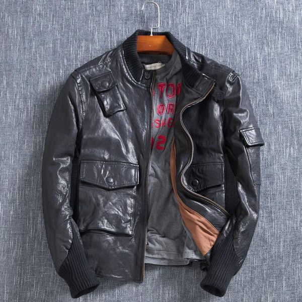 

men's leather & faux genuine jacket korean oil wax sheepskin coat for men short spring motorcycle lj1719 kj1412, Black