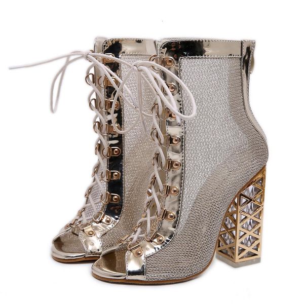

boots summer ankle square high heels crystal design hollow gold shining sandals cross tied back zipper fashion s7io, Black