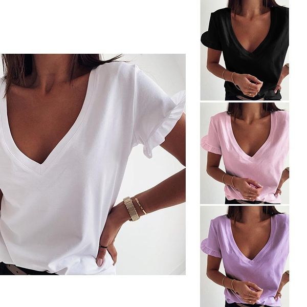 

women's t-shirt summer simple solid color v-neck ruffle short sleeve top, White