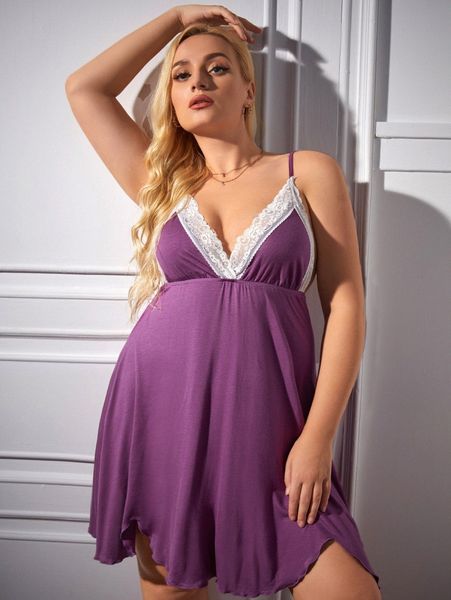 

plus lace trim asymmetrical hem backless nightdress b2jp#, Black;white