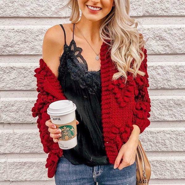 Mulheres inspiradas Inverno Handmade Cardigan Pompom Knited Camisola Nova manga longa para vinho Vermelho 210412