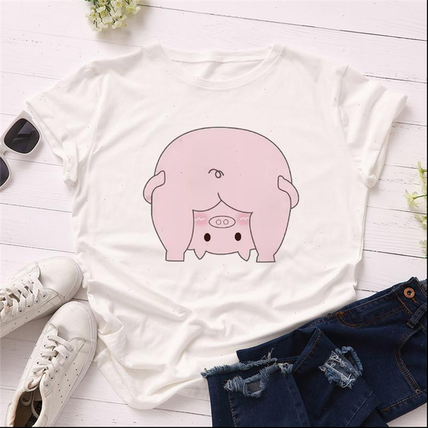

short sleeve summer pink pig women t shirts print kawaii polyester graphic tees girls and, White