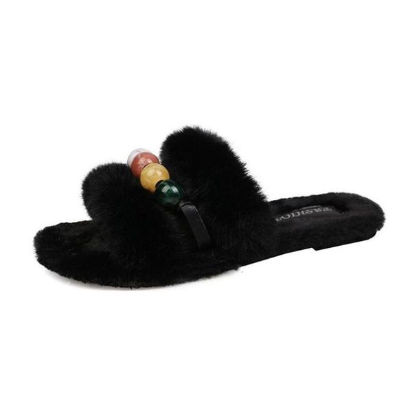 

winter home shoes women house slippers warm faux fur ladies cross soft plush furry female open toe slides fashion, Black