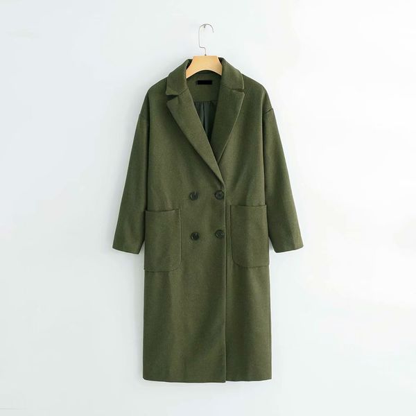 

stylish elegant women green woolen coat winter fashion thick warm long blends overcoat casual female outerwear 210520, Black