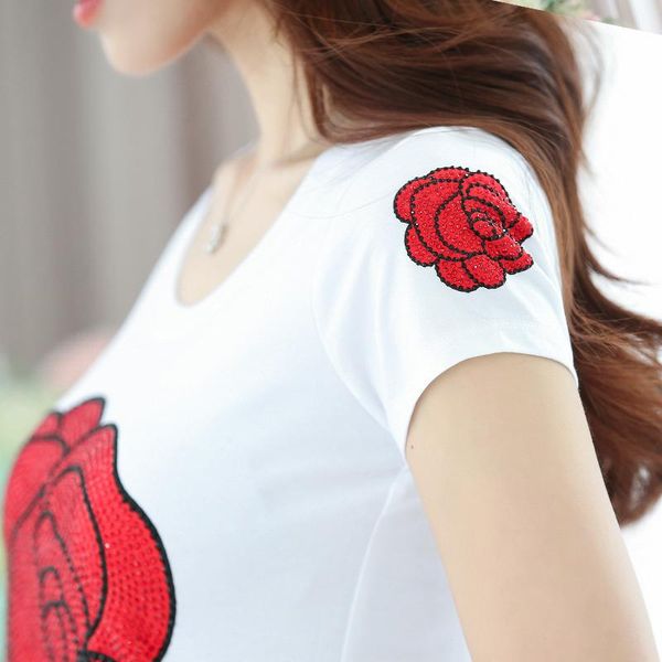 

women's t-shirt 2021 summer women t shirts fashion diamond print flower 100% cotton vogue short sleeve tshirt famale shirt girl clo, White