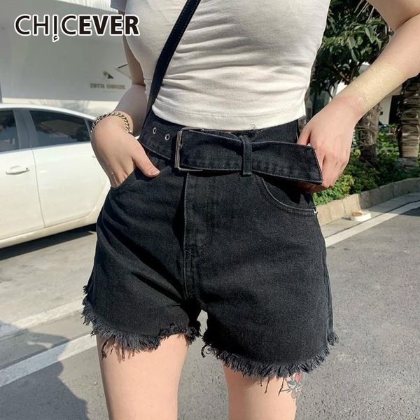

women's shorts chicever black minimalist denim short for women high waist sashes patchwork tassel straight loose females summer stylish, White;black