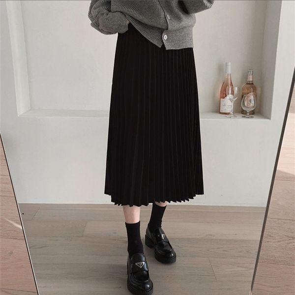 

a line solid women pleated autumn plus size skirt female vintage suede skirts jupe femme faldas mujer 210417, Black