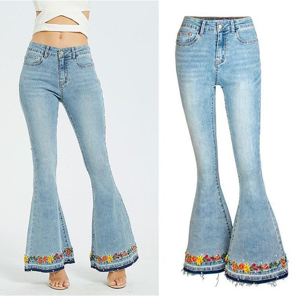 

fashion flower embroidered flare denim pants womens vintage women jeans spring autumn rivet women's, Blue