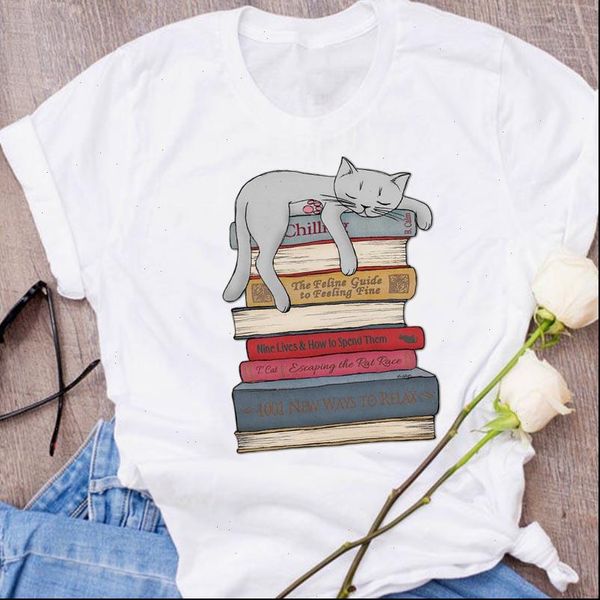 

graphic cartoon cat sleep womens t shirts short sleeve cute print clothing clothes lady tees female shirt, White