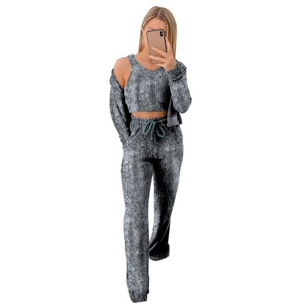 

women's two piece pants donsignet fashion suit summer casual round neck pullover solid color pit wool knitted three-piece, White
