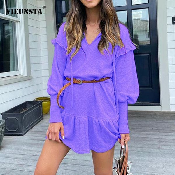 

casual dresses autumn fashion women long sleeve dress ruffle v neck solid female mini elegant winter loose party vestidos, Black;gray