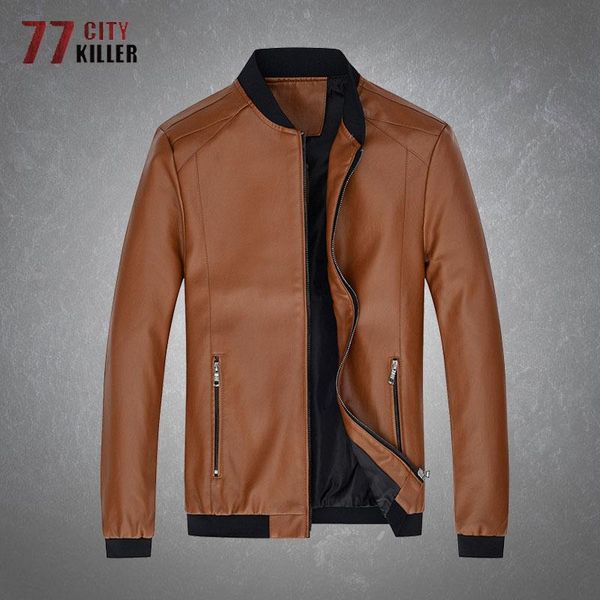 

casual leather jacket men autumn motorcycle bomber waterproof pu coats male solid color stand collar zippers jackets mens men's fur & f, Black
