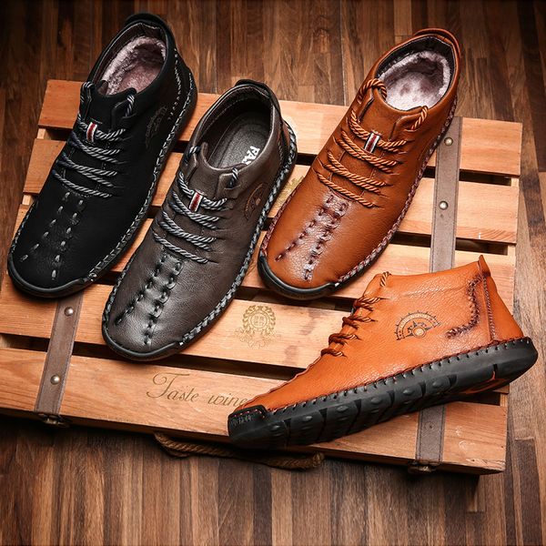 

new fashion men boots split leather man ankle non-slip snow boots shoes warm fur plush mens winter shoes plus, Black