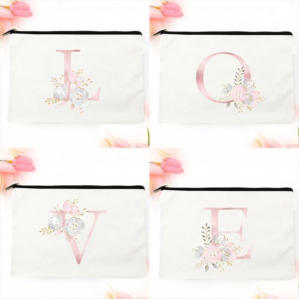 

fashion floral alphabet cosmetic bag cases white cloth zipper pouch makeup toiletry travel canvas personality name letter